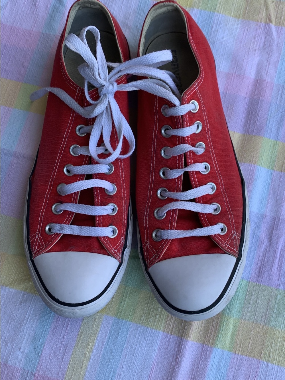 Converse Beige Canvas Low-Top Sneakers with Red Stitching